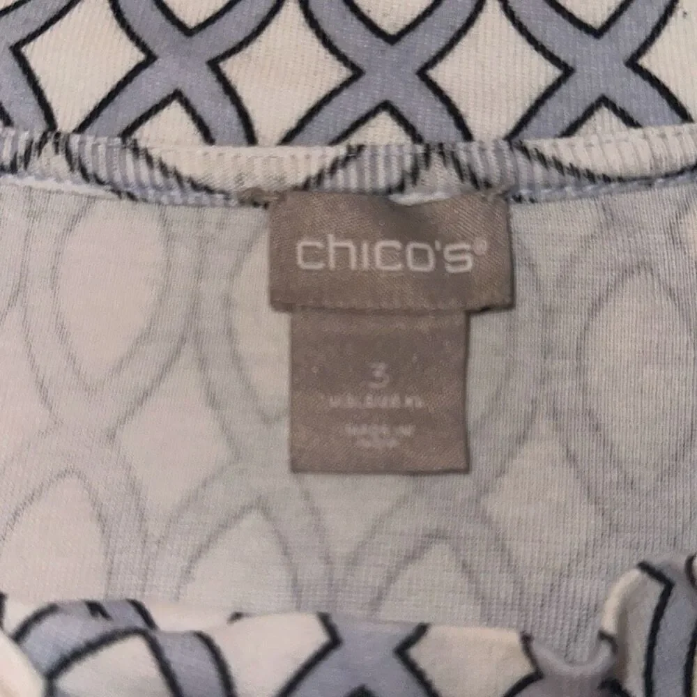Chico's White Blue Geometric Twist Neck Cotton Convertible Tee Ladies Size 3/XL